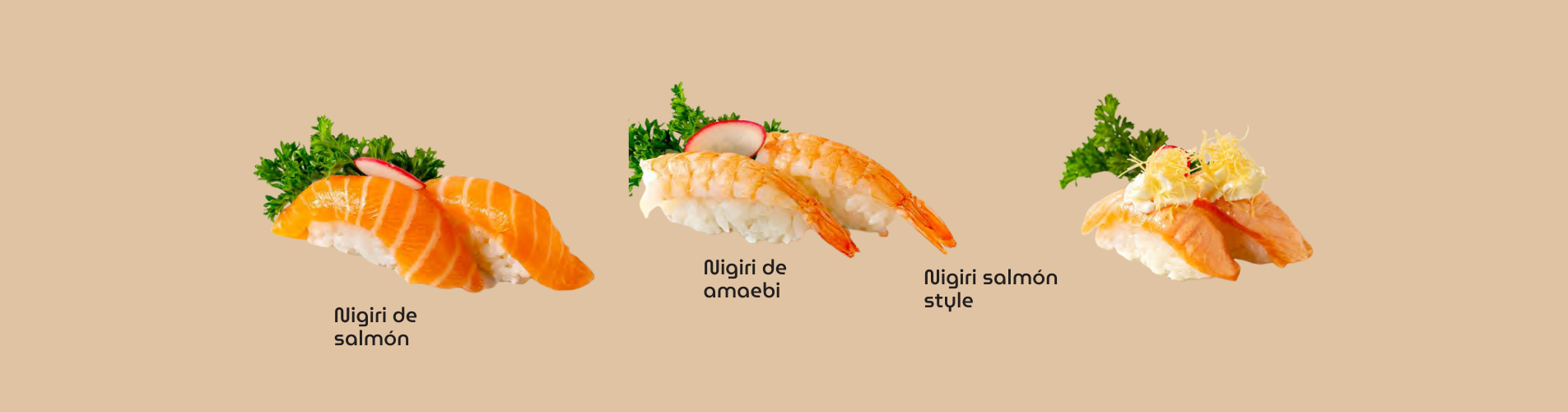 Dupla de nigiri de salmón flameado con marcas de aburi e hilo fino de teriyaki en el menú Infinity