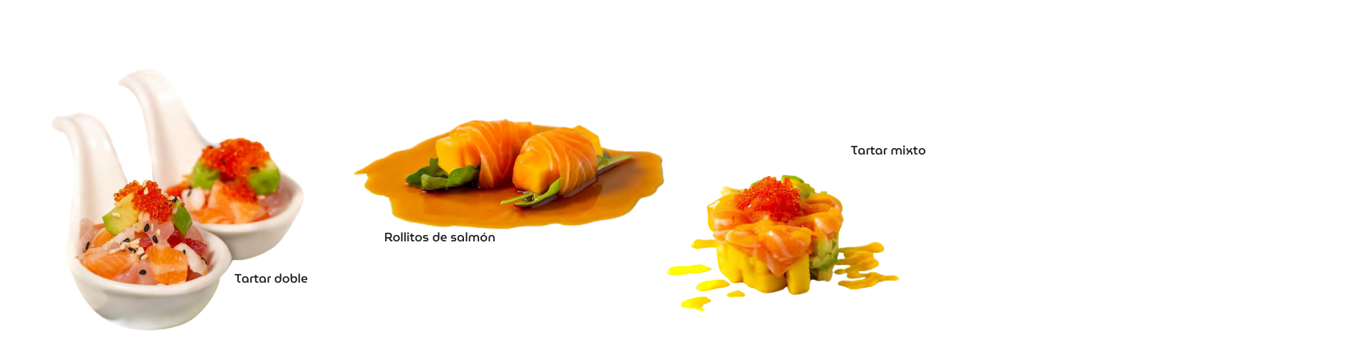 Tabla de degustación con tres bloques: apertura (wakame/edamame/sunomono), centro floral (tartar de salmón con mango + uramakis de mango/papaya/rainbow + nigiris flameados).