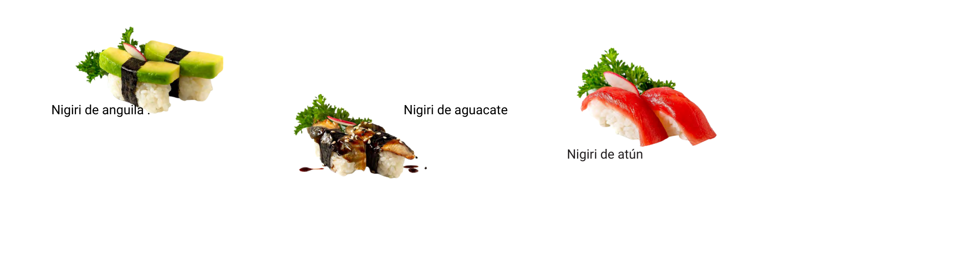 Selección de nigiri limpios (sin salsas con gluten): salmón, atún, lubina, amaebi y aguacate; arroz suelto, brillo natural y cerámica neutra en el menú Infinity
