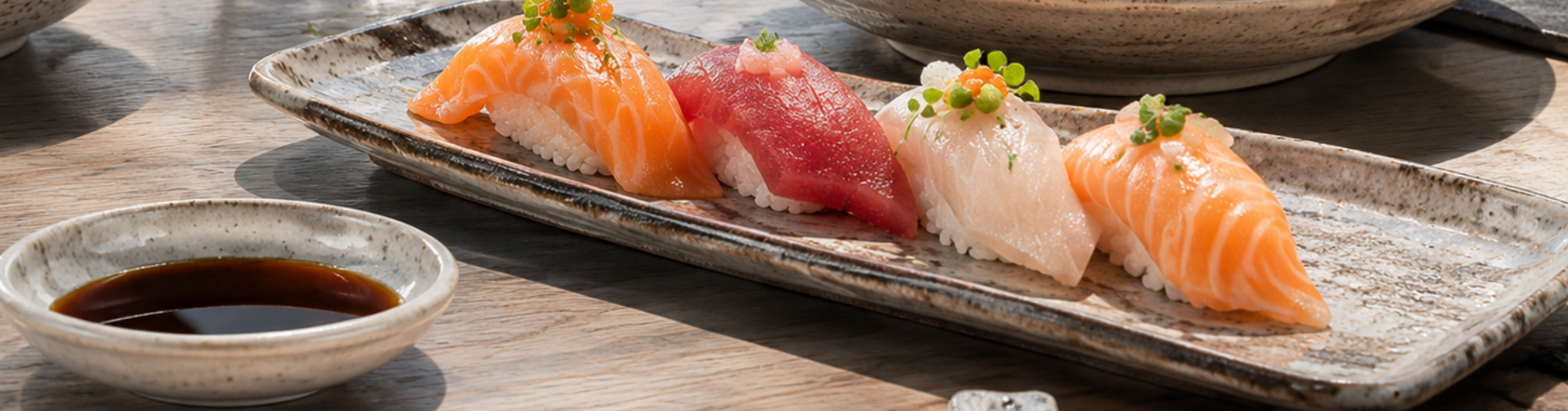 Imagen de sashimi y nigiris frescos servidos en mesa, ideal para ilustrar la parte central del recorrido con piezas frías, ligeras y saciantes.