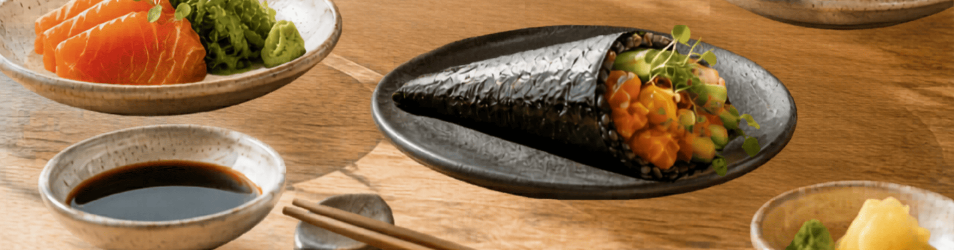 Imagen de mesa con diferentes platos pensados como ruta de pedido: una base fresca, piezas de arroz negro sushi, temaki black rice y nigiri blanco. Sirve para ilustrar cómo integrar el arroz negro sin saturar.