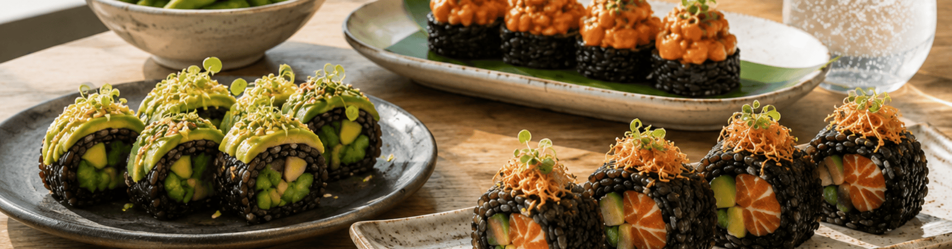 Imagen con varias combinaciones de arroz negro sushi, incluyendo rollos con salmón, aguacate y piezas tipo tartar. Refuerza la sección de parejas ganadoras y opciones de sushi diferente.