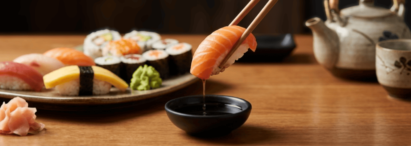 Imagen de una pieza de sushi cogida con palillos, con varios rolls al fondo, utilizada para ilustrar el Error 3 del blog: ahogar el sushi en soja. Refuerza la recomendación de usar la soja con moderación para disfrutar mejor el sabor, la textura y el equi