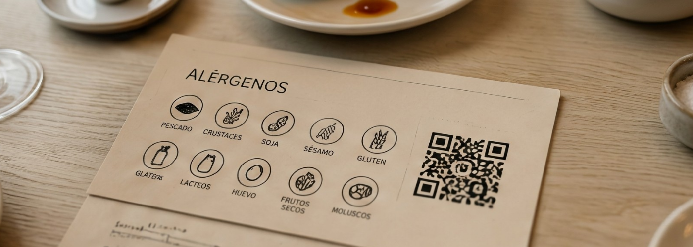 Imagen de una guía o carta de alérgenos sobre una mesa de restaurante, utilizada para ilustrar la importancia de revisar ingredientes, intolerancias y posibles alérgenos antes de pedir sushi en Sushisom. Acompaña el bloque del blog dedicado al Error 7: no