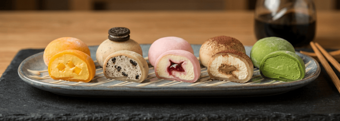 Imagen interna con cinco mochis de diferentes sabores de la carta Sushisom: mango, oreo, cheesecake, tiramisú y té matcha. Acompaña el bloque dedicado a los cierres cremosos y a los postres con aire japonés después del sushi.