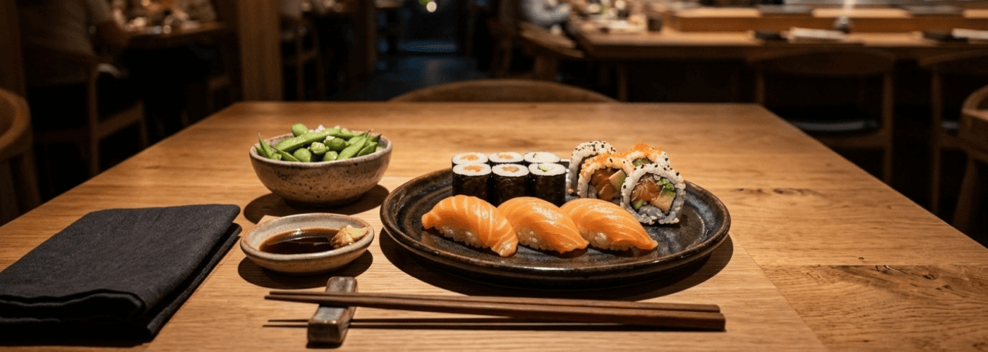 Imagen interna del blog con una mesa ordenada de restaurante japonés, servida con nigiris de salmón, makis, uramakis, edamame, soja y palillos. Refuerza la idea de empezar septiembre en Sushisom con una primera ronda ligera, cómoda y sin estrés dentro del