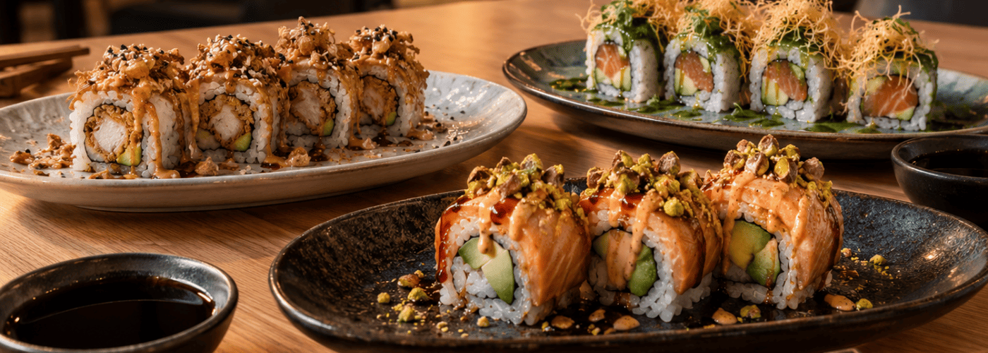 Imagen interna del blog con tres platos de uramaki servidos en una mesa de restaurante japonés, con cuatro piezas por plato. La escena muestra una segunda ronda más intensa y variada, con combinaciones de salmón, pollo crujiente y aguacate, reforzando la 