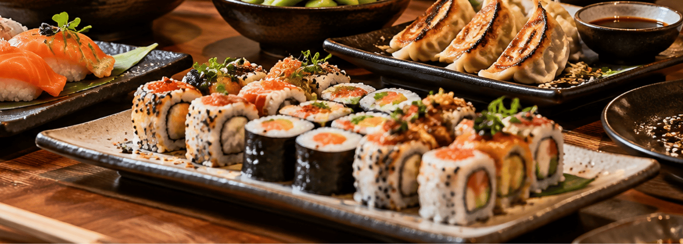 Imagen interna con una selección amplia de sushi y rolls servidos para compartir. Refuerza el bloque práctico sobre cómo aprovechar la variedad de un buffet japonés a la carta sin pedir siempre piezas demasiado similares.