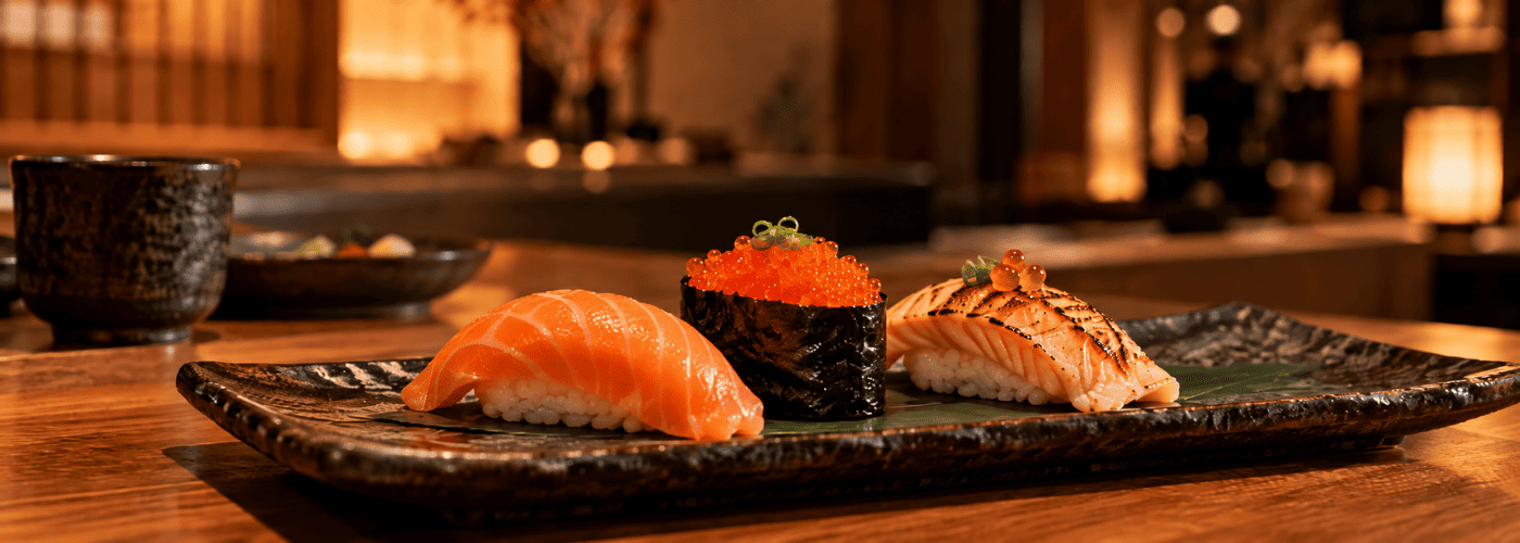 Imagen culinaria con nigiri de salmón y gunkan servidos en un ambiente cálido de restaurante japonés. Acompaña el bloque sobre la relación entre el sushi, las estaciones y la forma de combinar diferentes piezas dentro de Sushisom.